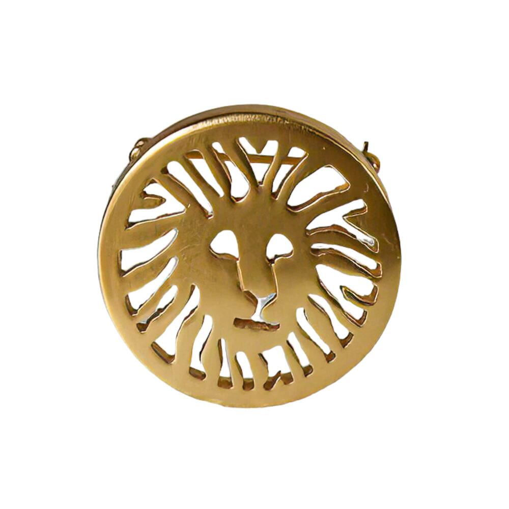 80s Anne Klein Gold Plate Cut Out Iconic Lion Head Logo Circle Pin Brooch